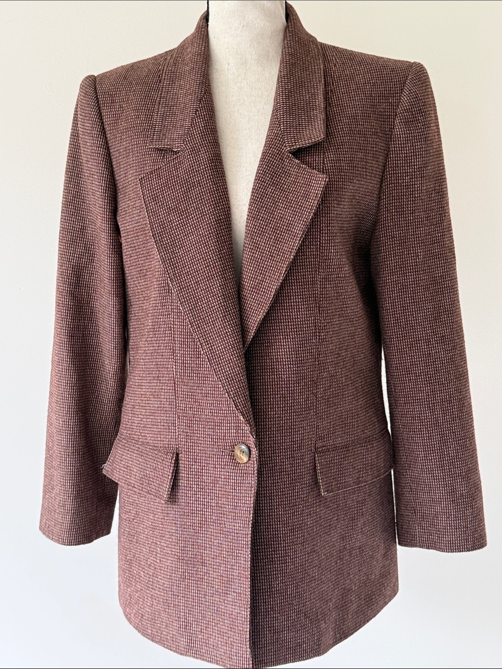 Act III Vintage Womens Brown Textured Single-Button Blazer